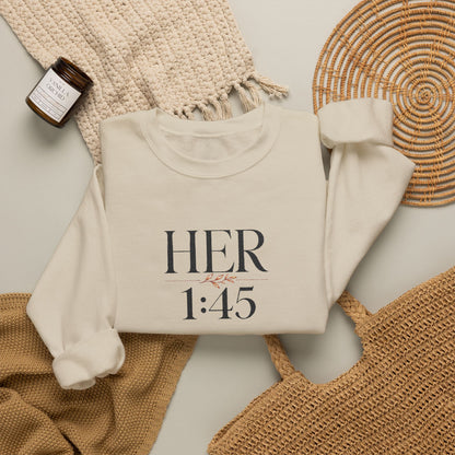 Her 1:45 Crewneck Sweatshirt — Minimalist Floral Graphic