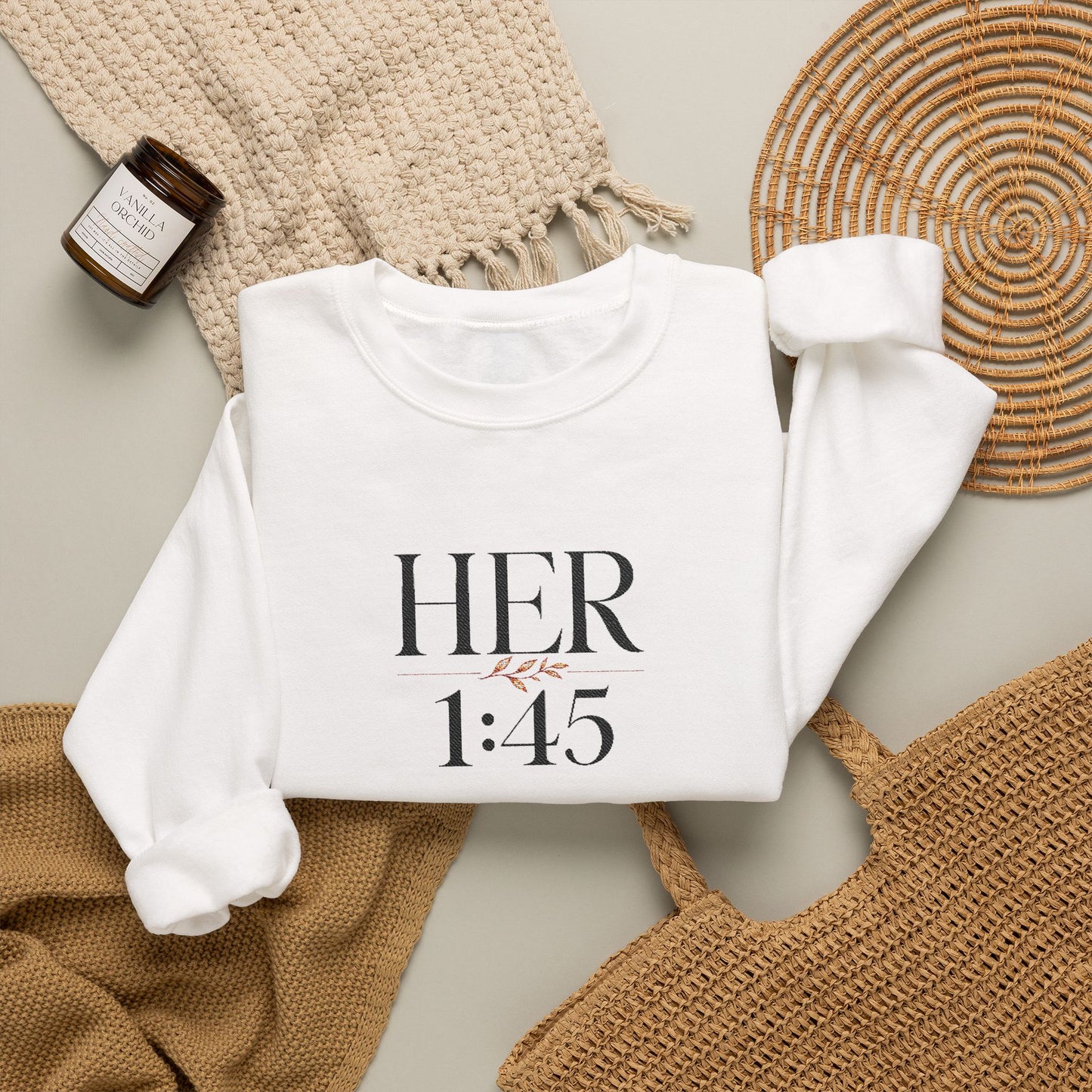 Her 1:45 Crewneck Sweatshirt — Minimalist Floral Graphic