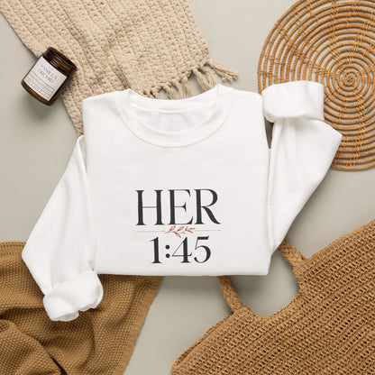 Her 1:45 Crewneck Sweatshirt — Minimalist Floral Graphic